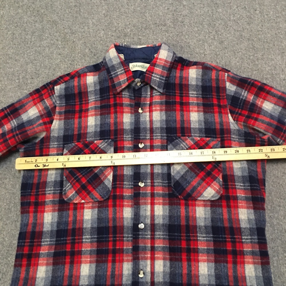 St John's Bay 100% Wool Shirt Mens Large Tall Red Blue Plaid Vintage Long Sleeve - Picture 9 of 12